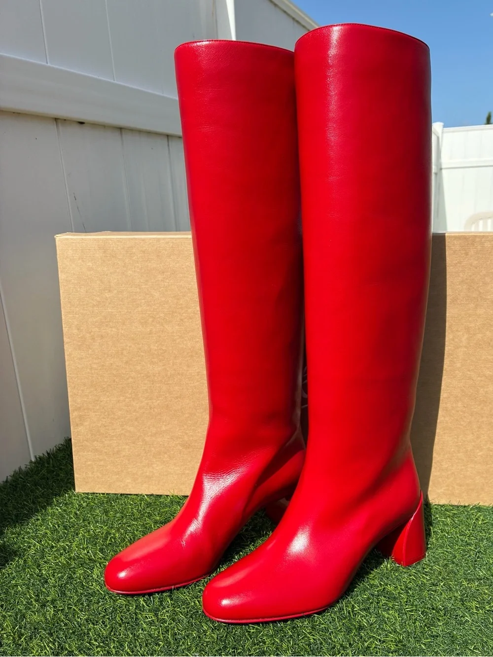 CHRISTIAN LOUBOUTIN JANITTA 55 RED LEATHER BLOCK HEEL KNEE-HIGH BOOTS SZ 38.5